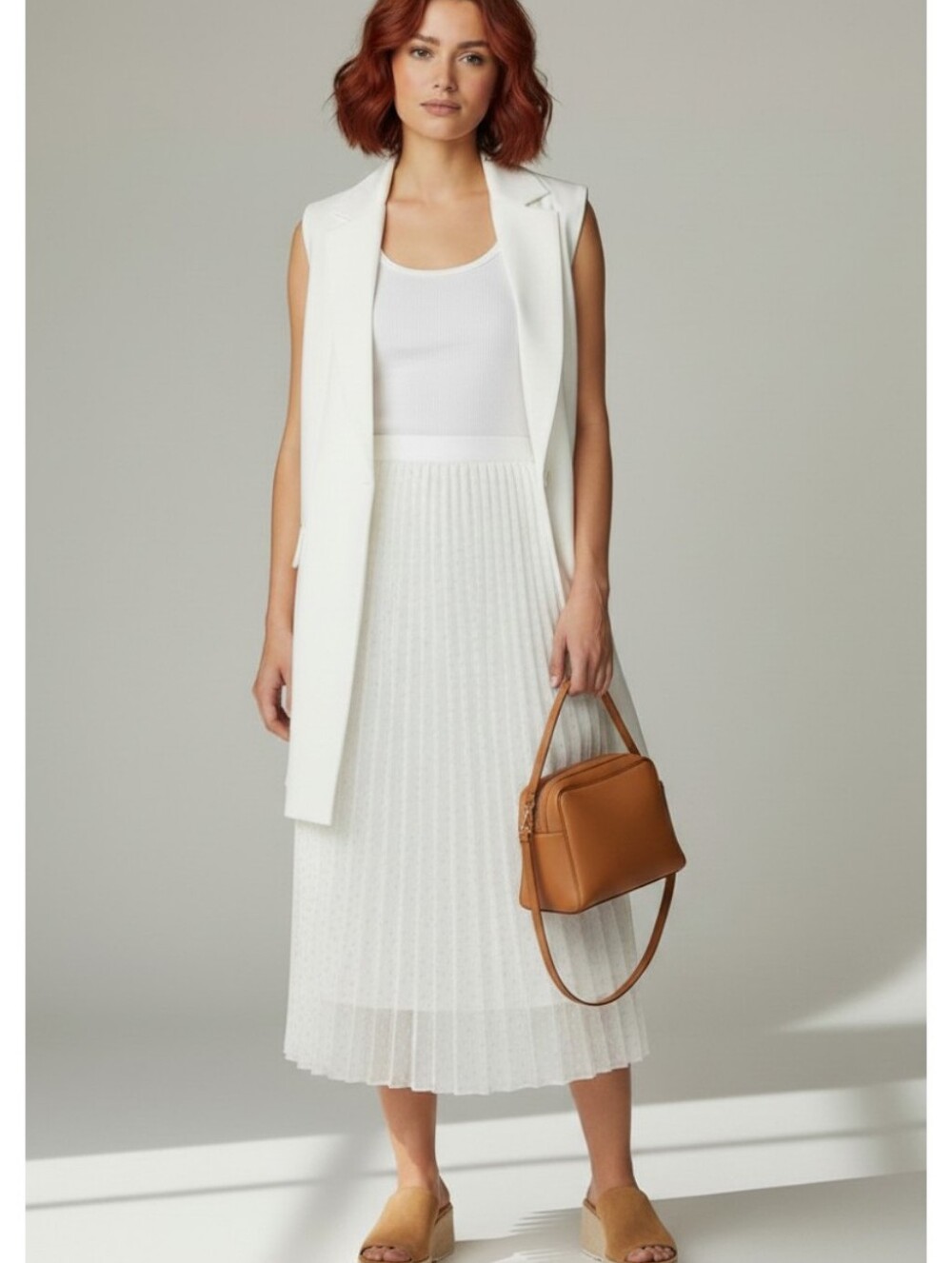 Vince Camuto White Pleated Polka Dot Maxi Skirt Size L EUC Chic Flowy - Picture 4 of 8